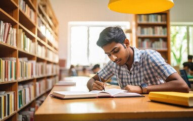 Wall Mural - indian college boy student studying at library