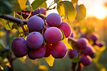 Branch of ripening purple plums at sunset