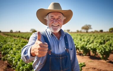Wall Mural - senior farmer standing at farm and showing thumbs up