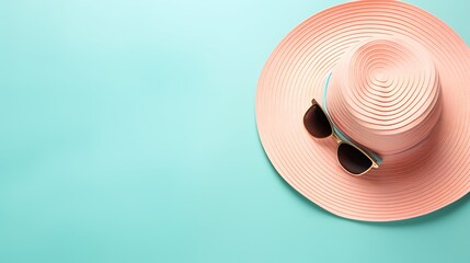 Summer travel ideas and beach objects. Top view. Flat lay. Travel Hat with sunglasses on summer background 3D Rendering, 3D Illustration. 