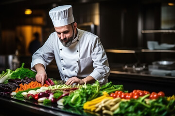 young chef wearing uniform choosing fresh vegetables at restaurant