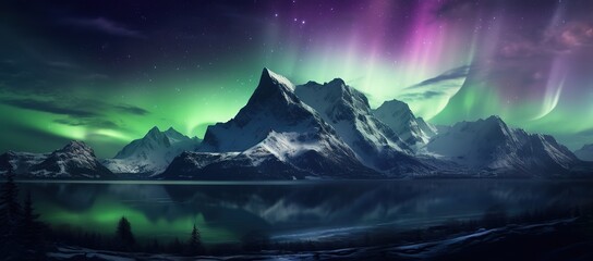 Wall Mural - beautiful photo of the aurora behind the top of the mountain. generative AI