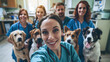 Veterinary Team with Dogs Taking a Group Selfie
