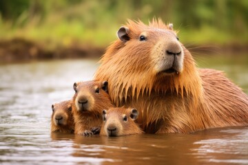 Capybara (Hydrochoerus hydrochaeris) mother and her baby in the river, A capybara family resting together on the banks of a river, AI Generated