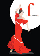 Beautiful young woman dancing flamenco poster. Colored Vector 3d hand drawn illustration