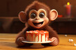 3d character illustration of a cute monkey and a cake