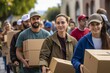 A group of volunteers carry boxes with donations and humanitarian aid.