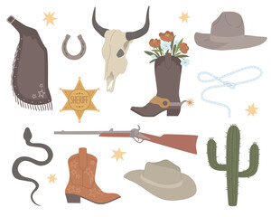 Cowboy element set with lasso, cow skull, weapon, cowboy boots and hat, cactus and sheriff's star. Wild West culture