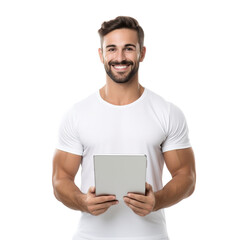 Wall Mural - Smiling fitness instructor holding tablet, cut out