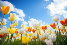 Field Of Tulips And Daffodils Against Blue Sky With White Clouds