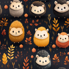 Wall Mural - seamless pattern with cute hedgehog in forest on dark background
