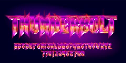 Fototapete - Thunderbolt alphabet font. Glowing neon letters and numbers in heavy metal style. Retro typescript for your typography design.