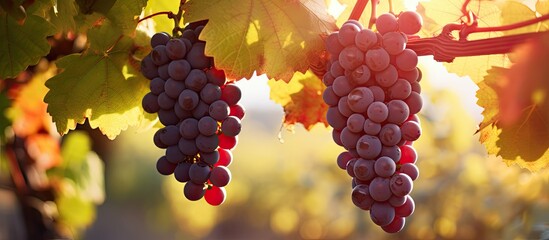 Wall Mural - Clusters of red wine grapes dangle from an aged vine in the afternoon sun.