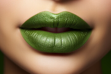 Close up of woman's mouth with green St. Patrick's Day lipstick