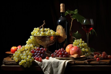 Poster - Still life with red wine, grapes and fruits on a dark background, A charming still life of fruits and a bottle of wine, AI Generated