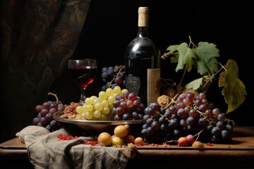 Poster - Still life with red wine, grapes and fruits on rustic background, A charming still life of fruits and a bottle of wine, AI Generated