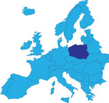Fototapeta  - Dark blue CMYK national map of POLAND inside simplified blue blank political map of European continent on transparent background using Peters projection