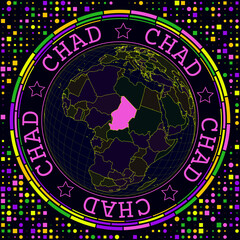 Fototapete - Futuristic Chad on globe. Bright neon satellite view of the world centered on Chad. Geographical illustration with the shape of the country and geometric background. Attractive vector illustration.