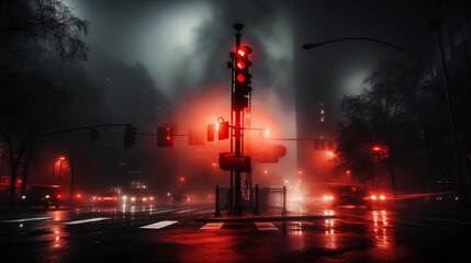 Wall Mural - Traffic light in the city in fog at midnight