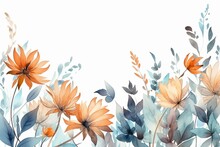 Watercolor-style Soft Orange And Blue Wildflowers And Leaves Decor On A Line Frame With A White Background. Generative AI