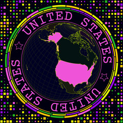 Poster - Futuristic USA on globe. Bright neon satellite view of the world centered on the USA. Geographical illustration with the shape of the country and geometric background. Cool vector illustration.