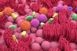 Multiple types of pollen grains in the nasal mucosa - isometric view 3d illustration