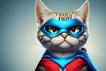 Wall Mural - cartoon. cheerful cartoon cat with a mask and a colorful superhero costume on a blue gradient background