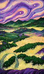 Poster - Purple toned landscape with oil painting brushstrokes