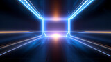 Fototapeta Przestrzenne - Metallic glowing tunnel, neon lights and perspective, abstract tech futuristic background, PPT background