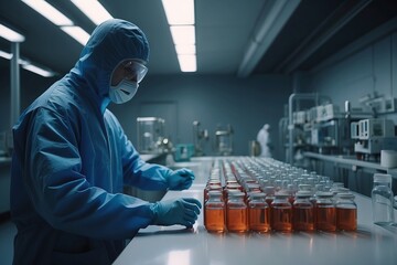 Poster - Close-up Scientist microbiologists or scientists conduct research, experiments, and analyzes in a modern medical laboratory. Evolution, science, pandemic, health, technology concepts