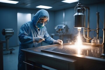 Poster - Close-up of a malescientist scientist wearing a protective suit made of a mask, coat, glasses working in a laboratory. Medical Laboratory Technology.