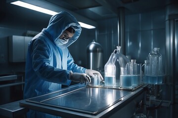 Poster - Closeup of a male scientist wearing a protective suit conducting research, experience in a chemical laboratory. Evolution, science, pandemic, medicine, health concepts