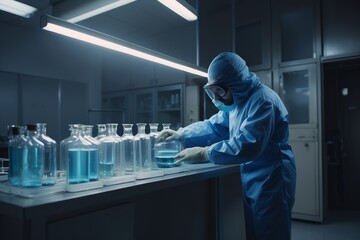 Poster - Biotechnological scientist wearing a protective suit conducts research, analyzes chemicals in a flask in a modern medical laboratory. Microbiology, science, technology concepts.