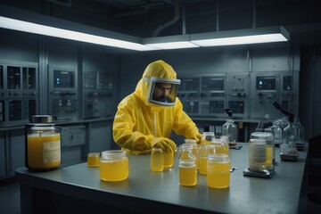 Poster - A biotechnological scientist wearing a yellow protective suit conducts research, analyzes chemicals in a flask in a modern medical laboratory. Microbiology, science, technology concepts.