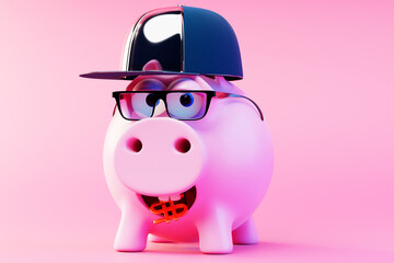 Fototapete - 3D illustration, pink piggy bank in sunglasses with Money creative business concept. The pink pig is holding golden coins. Save and accumulate money savings. Cheerful cartoon pig