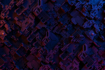 Aufkleber - Detail of a futuristic  machine. 3D illustration of a futuristic wall made of various details. Cyberpunk background. Industrial wallpaper. Grunge details
