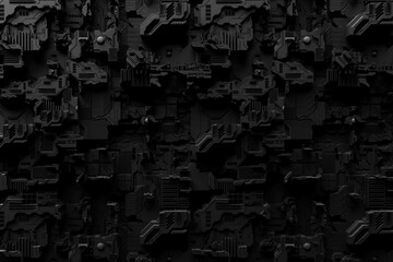 Poster - Detail of a futuristic  machine. 3D illustration of a futuristic wall made of various details. Cyberpunk background. Industrial wallpaper. Grunge details