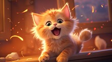 Joyful Animated Kitten Playing With Sparkling Embers; Perfect For Family Content And Cheerful Themes.