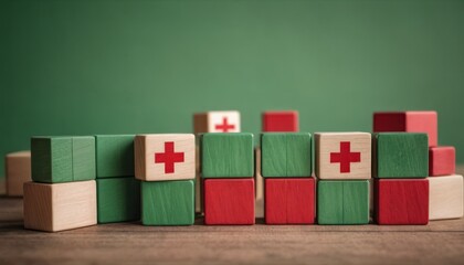 Canvas Print -  a group of wooden blocks with a red cross on one side and a green and white cross on the other side on a wooden surface with a green wall in the background.