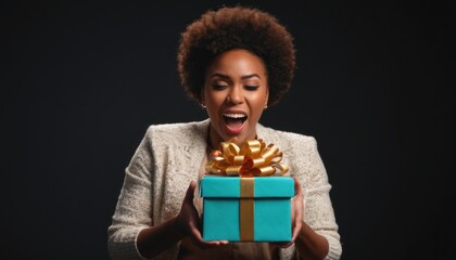  a woman holding a blue gift box with a gold bow on it's neck and a surprised look on her face as she opens her mouth and opens wide open.