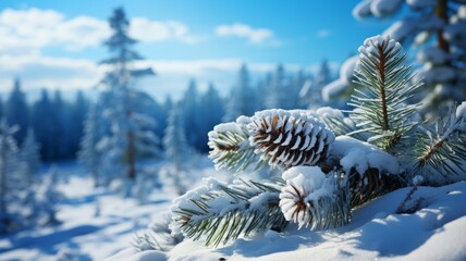 Canvas Print - Snow-covered tree branch in a winter landscape.