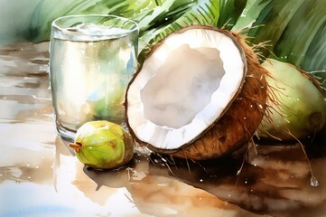Poster - Aquarelle coconut liquid. Tropical dissected walnut large glass with transparent beverage. Generate AI