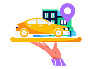 Wall Mural - Flat vector concept operation hand drawn illustration of people taking a taxi
