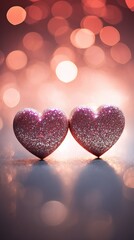 Canvas Print - Two adorable hearts, in red stand out beautifully against a blurry bokeh background of pink hues. This image exudes love and warmth