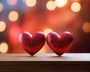 Canvas Print - Two adorable hearts, in red stand out beautifully against a blurry bokeh background of pink hues. This image exudes love and warmth