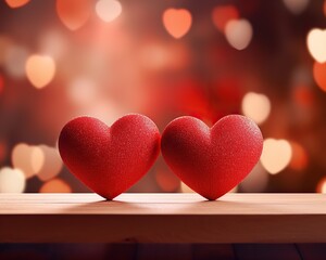 Canvas Print - Two adorable hearts, in red stand out beautifully against a blurry bokeh background of pink hues. This image exudes love and warmth