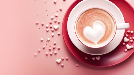 Wall Mural - Valentines Day background with coffee cup with a heart drawn on the foam on red background.	