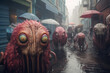 Sad ugly alien monsters walking down the street with an umbrella during a rainy night. Monsters in the city