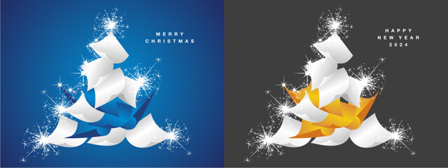 Wall Mural - Merry Christmas and New Year 2024. Beautiful winter holiday card design template on blue black background. White blue orange papers full of wishes, hope and expectations in the shape of Christmas tree
