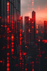 Poster - A captivating view of a cityscape seen through a window covered in raindrops. Perfect for illustrating a rainy day in the city or showcasing urban scenery from a unique perspective